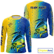 Load image into Gallery viewer, Front and back view of custom Mahi Mahi saltwater fishing long sleeve UV protection with personalized name