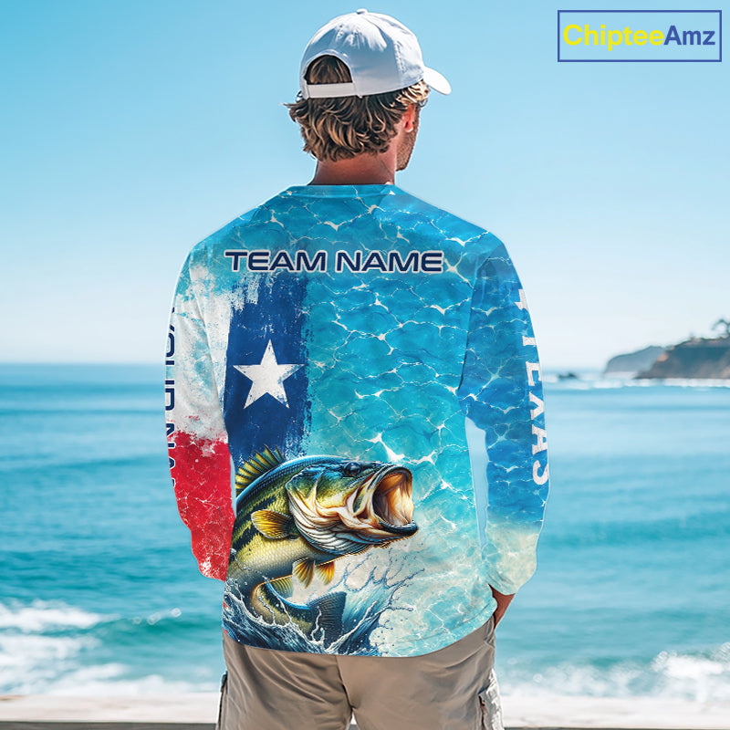Texas Bass Fishing Texas Flag, Blue Sea Wave Ocean Camo Long Sleeve Bass Fishing Shirt  NBT866