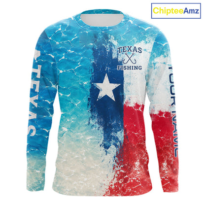 Texas Bass Fishing Texas Flag, Blue Sea Wave Ocean Camo Long Sleeve Bass Fishing Shirt  NBT866