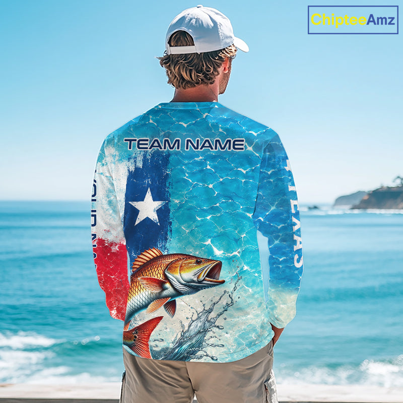Texas Redfish Fishing Texas Flag, Blue Sea Wave Ocean Camo Long Sleeve Redfish Fishing Shirt NBT867
