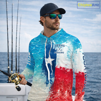 Angler wearing Texas Catfish Fishing Long Sleeve Hooded Fishing Shirt with personalized name - Chipteeamz 