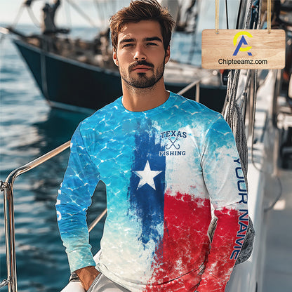 Texas Catfish Fishing Texas Flag, Blue Sea Wave Ocean Camo Long Sleeve Catfish Fishing Shirt NBT868