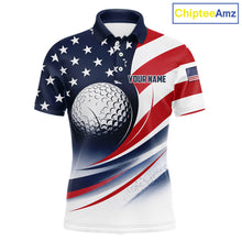Load image into Gallery viewer, A blue, red, white America 250th Anniversary golf polo shirt displayed in front views, featuring personalized name designs.