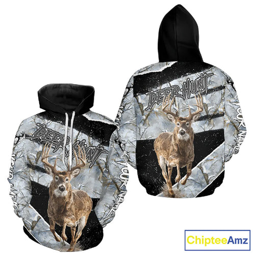 Winter Whitetail Deer Camo Customize Name 3D Printed Long Sleeve Hunting Shirts for Men, Hunting Gifts NBT260
