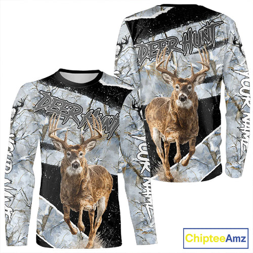 Winter Whitetail Deer Camo Customize Name 3D Printed Long Sleeve Hunting Shirts for Men, Hunting Gifts NBT260