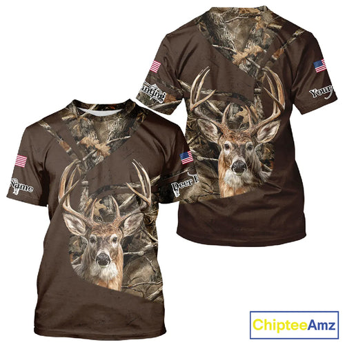 Deer Hunting Big Game Brown Camo US Flag Custom Name 3D All Over Print Shirts, Hunting Gifts NBT263