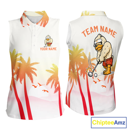 Front and back view of funny duck sleeveless golf polo shirt for women with tropical sunset print with personalized name