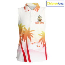 Load image into Gallery viewer, Front view of funny duck sleeveless golf polo shirt for women with tropical sunset print with custom name on the chest