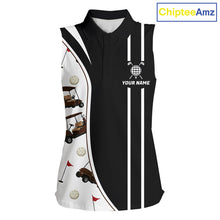 Load image into Gallery viewer, Front view of personalized sleeveless golf polo shirt for women with golf cart pattern with custom name on the chest