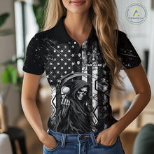 Load image into Gallery viewer, Golfer wearing custom black and white American flag skull reaper golf polo shirt on the course - front view