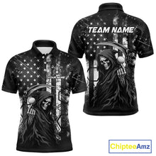 Load image into Gallery viewer, Custom Black And White American Flag Skull Reaper Mens Golf Polo Shirt, Team Golf Shirts NBT881