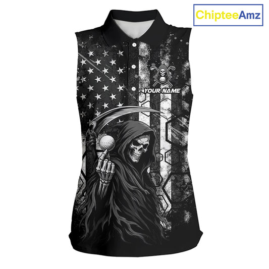 Custom Black And White American Flag Skull Reaper Womens Sleeveless Golf Polo Shirt, Team Golf Shirts NBT881