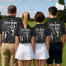 Load image into Gallery viewer, Custom Black And White American Flag Skull Reaper Mens Golf Polo Shirt, Team Golf Shirts NBT881