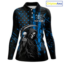 Load image into Gallery viewer, Custom Black And Blue American Flag Skull Reaper Womens Golf Polo Shirt, Team Golf Shirts NBT882