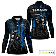 Load image into Gallery viewer, Custom Black And Blue American Flag Skull Reaper Womens Golf Polo Shirt, Team Golf Shirts NBT882