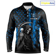 Load image into Gallery viewer, Custom Black And Blue American Flag Skull Reaper Mens Golf Polo Shirt, Team Golf Shirts NBT882