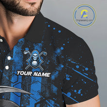Load image into Gallery viewer, Custom Black And Blue American Flag Skull Reaper Mens Golf Polo Shirt, Team Golf Shirts NBT882