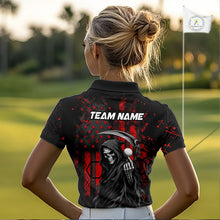 Load image into Gallery viewer, Custom Black And Red American Flag Skull Reaper Womens Golf Polo Shirt, Team Golf Shirts NBT883