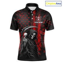 Load image into Gallery viewer, Custom Black And Red American Flag Skull Reaper Mens Golf Polo Shirt, Team Golf Shirts NBT883