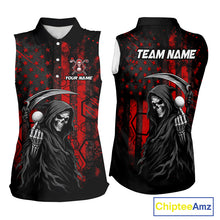Load image into Gallery viewer, Custom Black And Red American Flag Skull Reaper Womens Sleeveless Golf Polo Shirt, Team Golf Shirts NBT883