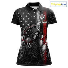 Load image into Gallery viewer, Front view of American flag custom Grim Reaper bowling polo shirt for women