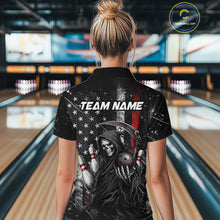 Load image into Gallery viewer, Bowler wearing American flag Grim Reaper bowling polo shirt on the lanes - back view