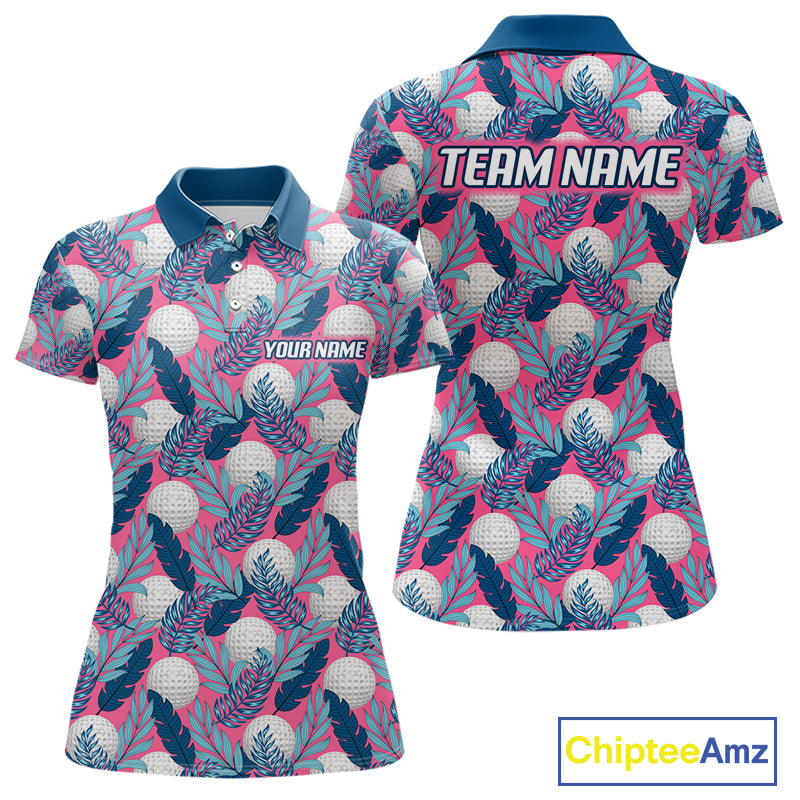 Custom Pink Blue Tropical Golf Ball Pattern Womens Polo Golf Shirts, Golf Gifts For Team NBT965