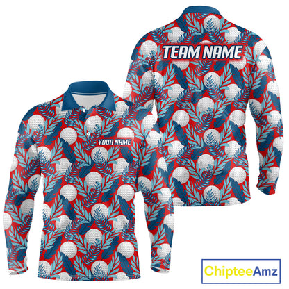 Custom Red Blue Tropical Golf Ball Pattern Mens Polo Golf Shirts, Golf Gifts For Team NBT966
