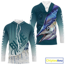 Load image into Gallery viewer, Front and back view of American Flag Marlin patriotic hooded fishing jersey with personalized name on sleeves