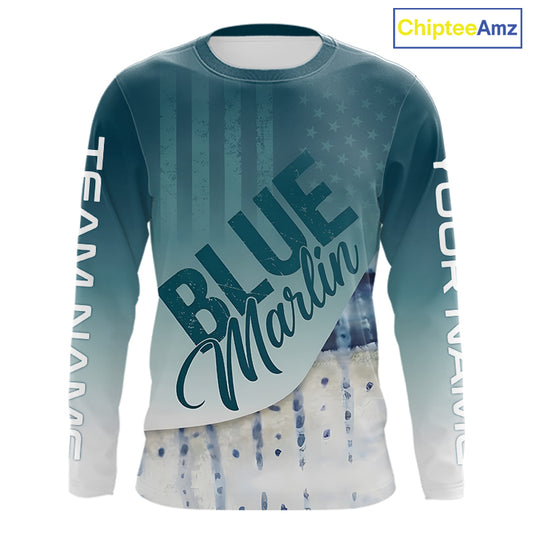 Front view of personalized American Flag Marlin long sleeve fishing shirt with patriotic design