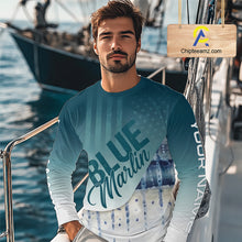 Load image into Gallery viewer, Angler wearing patriotic American Flag Marlin long sleeve fishing shirt on boat