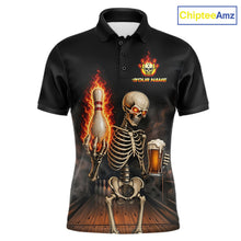 Load image into Gallery viewer, Black &amp; Orange Fire Flame Beer Skull Bowling Shirts For Men Custom Skull Team Bowling Jerseys NBT885