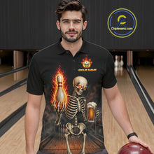 Load image into Gallery viewer, Black &amp; Orange Fire Flame Beer Skull Bowling Shirts For Men Custom Skull Team Bowling Jerseys NBT885