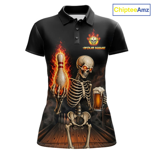 Front view of black and orange fire flame beer skull bowling team polo shirt for women