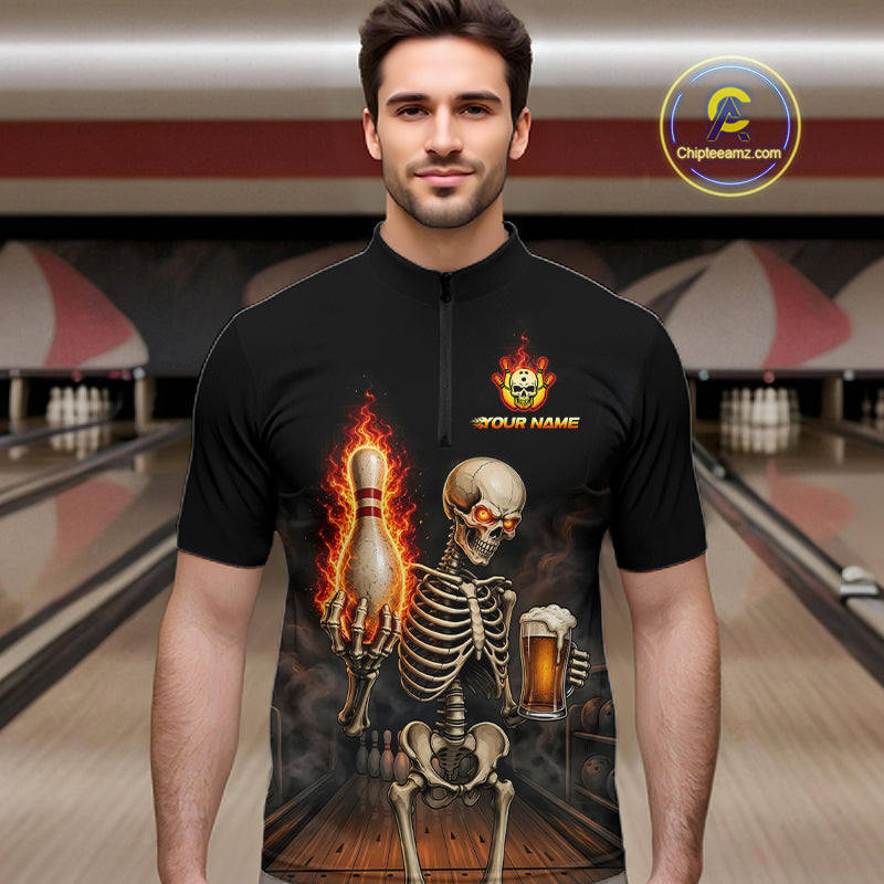 Front view of black and orange fire flame beer skull bowling quarter zip jersey for men