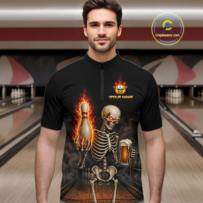 Front view of black and orange fire flame beer skull bowling quarter zip jersey for men
