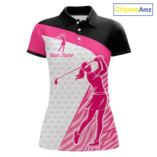 Pink Zebra Pattern Womens Golf Polo Shirts Custom Name Gift For Golf Lovers NBT580