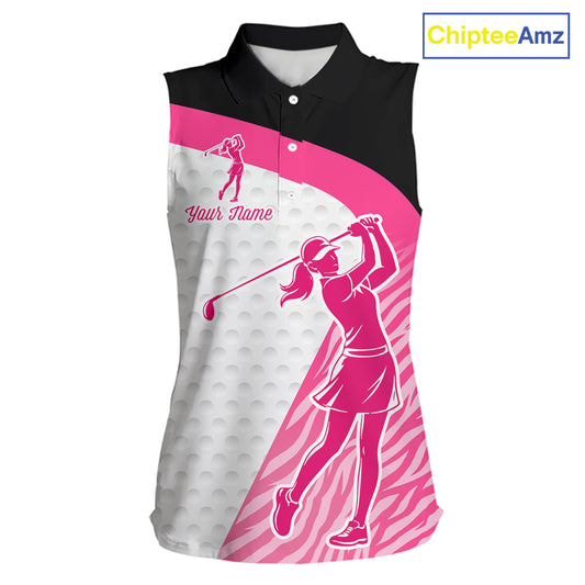 Pink Zebra Pattern Womens Sleeveless Golf Polo Shirts Custom Name Gift For Golf Lovers NBT580