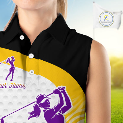 Yellow & Purple  Zebra Pattern Womens Sleeveless Golf Polo Shirts Custom Name Gift For Golf Lovers NBT583