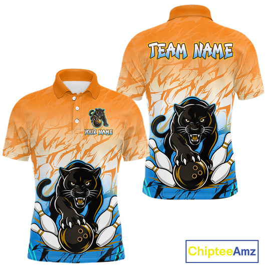 Front and back view of custom orange and blue leopard bowling polo shirt for men