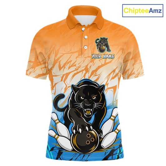 Front view of custom orange and blue leopard bowling polo shirt for men