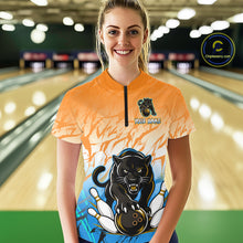 Load image into Gallery viewer, Bowler wearing custom orange and blue leopard bowling shirt on the lanes