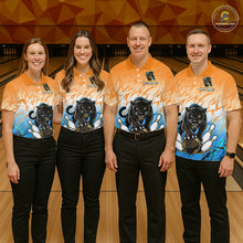 Load image into Gallery viewer, Bowling team wearing matching custom orange and blue leopard league shirts with personalized names