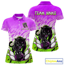 Load image into Gallery viewer, Front and back view of custom purple and green leopard bowling polo shirt for women