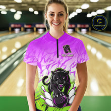 Load image into Gallery viewer, Bowler wearing custom orange and blue leopard bowling shirt on the lanes