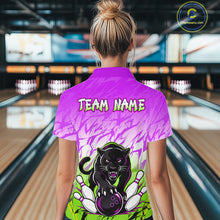 Load image into Gallery viewer, Bowler wearing custom orange and blue leopard bowling shirt on the lanes