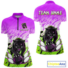 Load image into Gallery viewer, Front and back view of custom purple and green leopard bowling quarter zip shirt for women