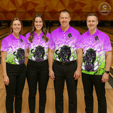 Load image into Gallery viewer, Bowling team wearing matching custom purple and green leopard league shirts with personalized names