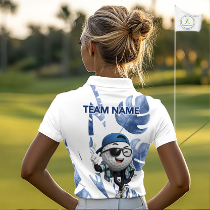Funny Golf Ball Tropical Pattern Custom Womens Golf Polo Shirts, Golfing Gifts|Blue NBT708