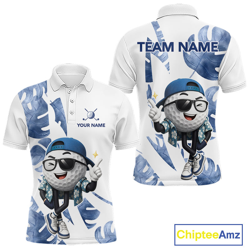 Funny Golf Ball Tropical Pattern Custom Mens Golf Polo Shirts, Golfing Gifts|Blue NBT708